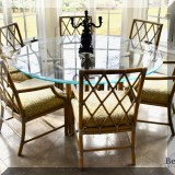 F06. McGuire Furniture glass top table with 6 Trellis style chairs 29”h x 70”w 